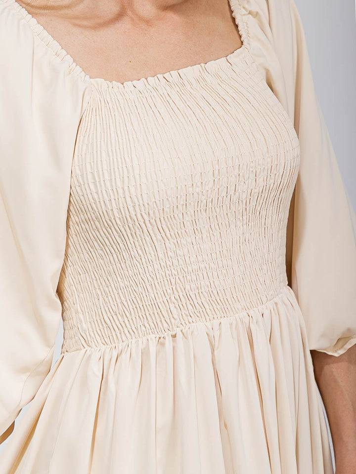 WOMEN'S 3/4 SLEEVES SMOCK FRONT POCKET TIERED MAXI DRESS