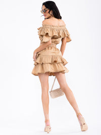 WOMEN'S OFF SHOULDER RUFFLE DETAILED CROP TOP