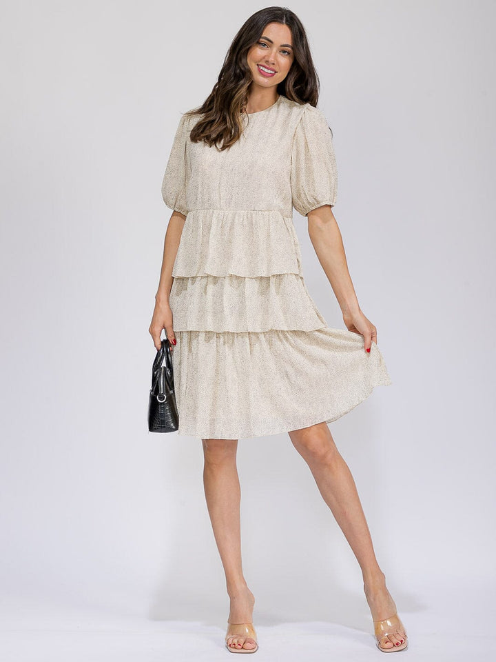 WOMEN'S SHORT SLEEVE ELASTIC WAIST RUFFLE TIERED MIDI DRESS