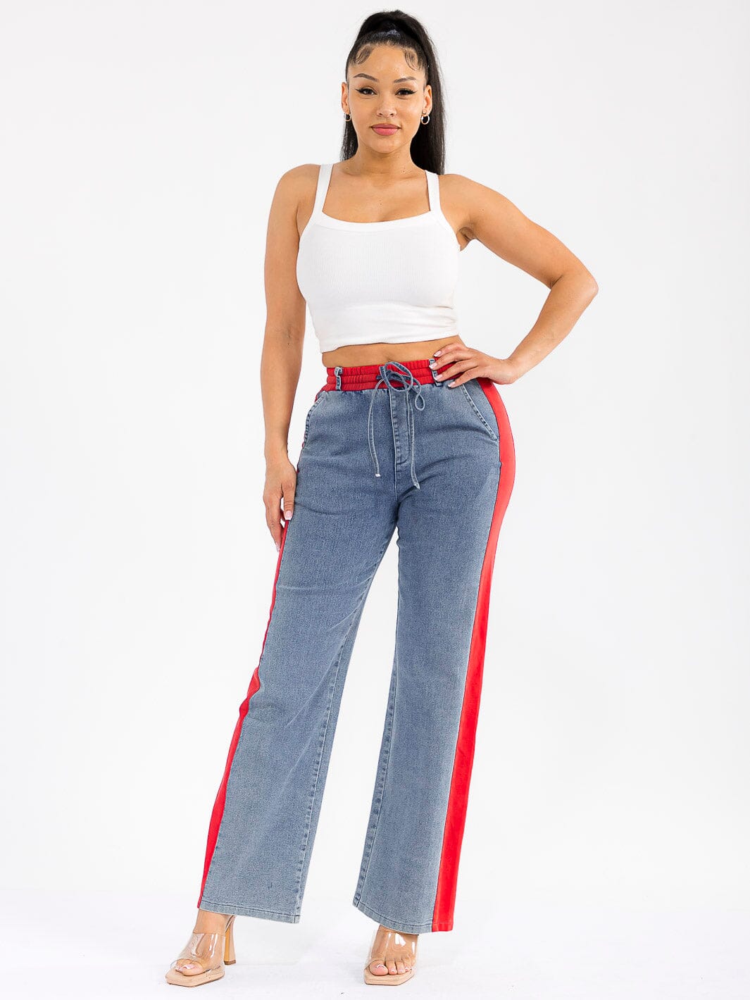 WOMEN'S ELASTIC WAIST SELF TIE DENIM CONTRAST WIDE LEG PANTS