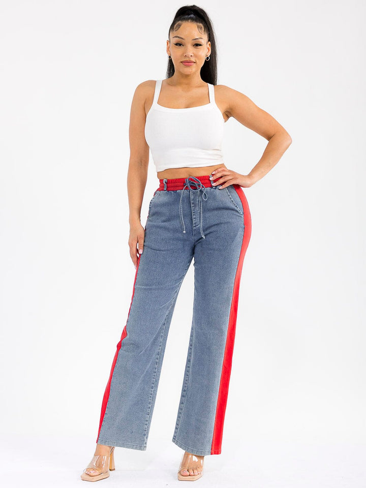 WOMEN'S ELASTIC WAIST SELF TIE DENIM CONTRAST WIDE LEG PANTS