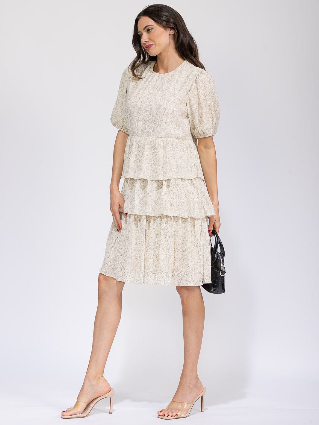 WOMEN'S SHORT SLEEVE ELASTIC WAIST RUFFLE TIERED MIDI DRESS