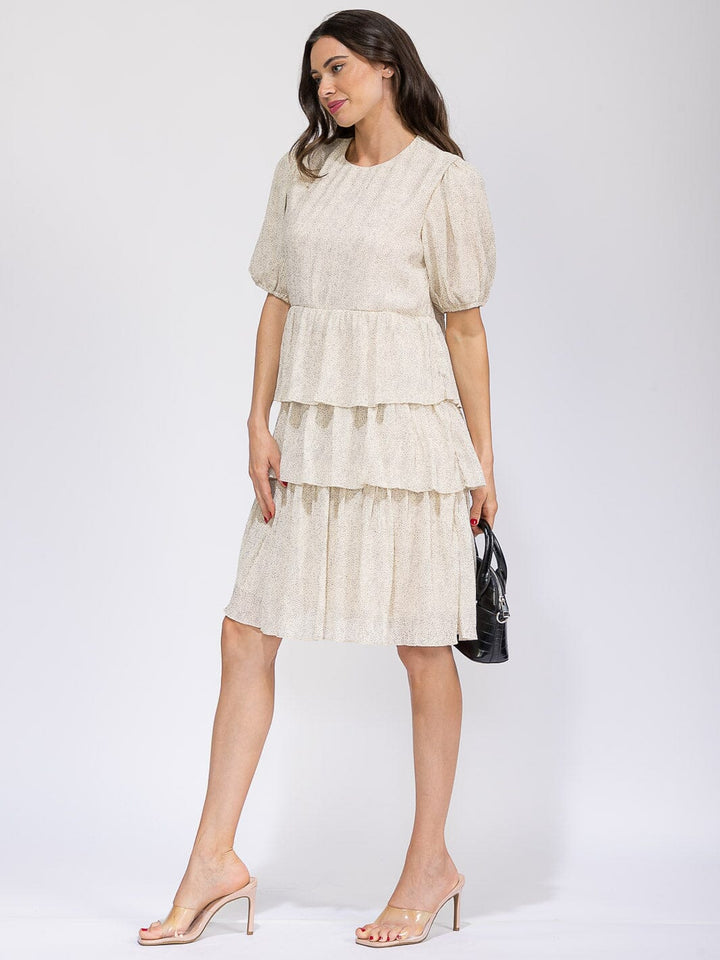 WOMEN'S SHORT SLEEVE ELASTIC WAIST RUFFLE TIERED MIDI DRESS
