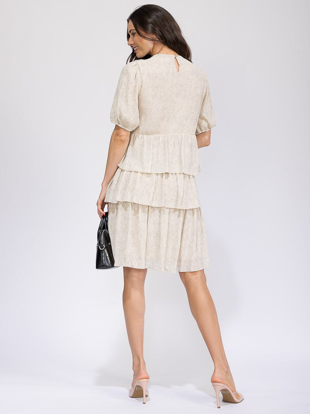 WOMEN'S SHORT SLEEVE ELASTIC WAIST RUFFLE TIERED MIDI DRESS