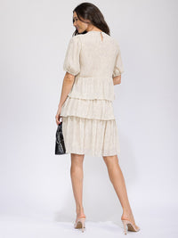 WOMEN'S SHORT SLEEVE ELASTIC WAIST RUFFLE TIERED MIDI DRESS