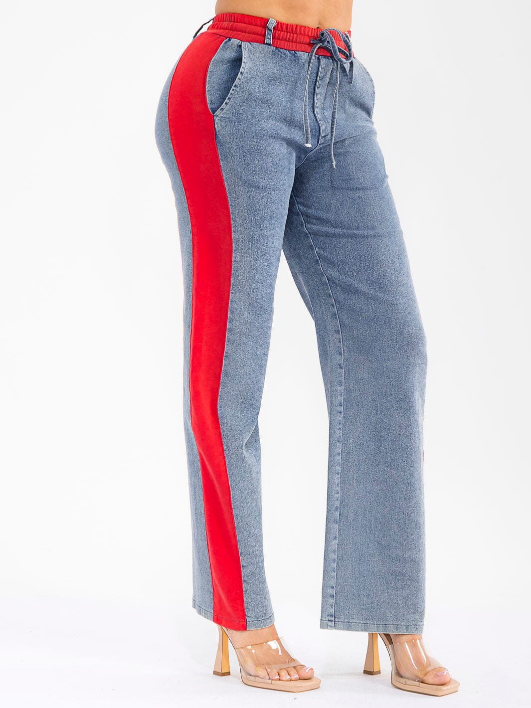 WOMEN'S ELASTIC WAIST SELF TIE DENIM CONTRAST WIDE LEG PANTS