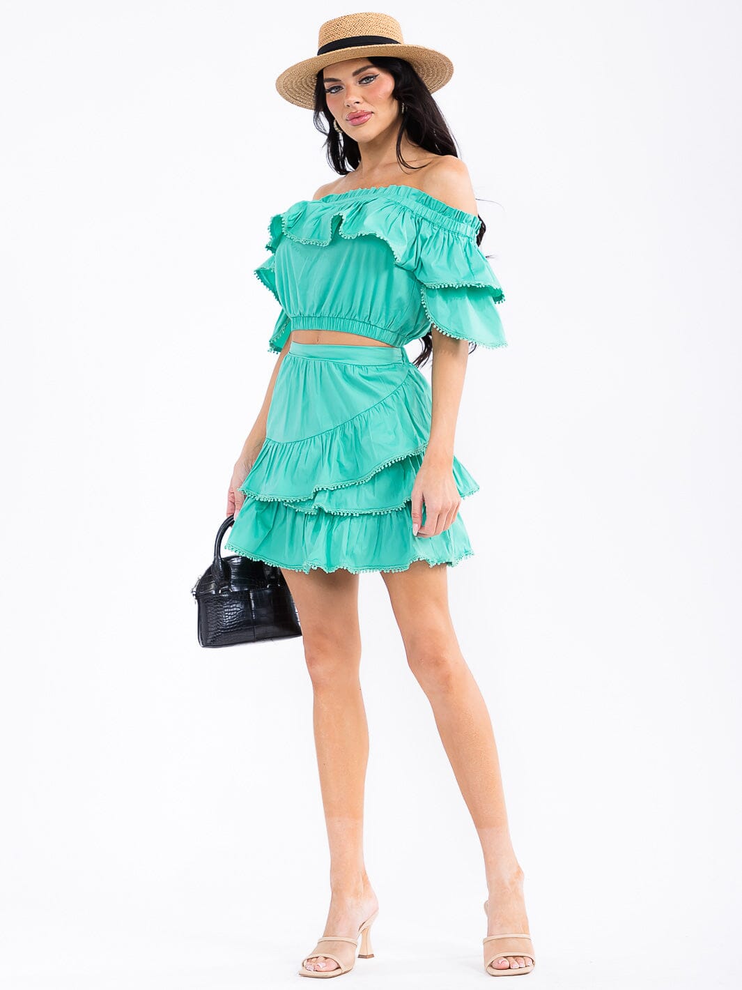 WOMEN'S OFF SHOULDER RUFFLE DETAILED CROP TOP