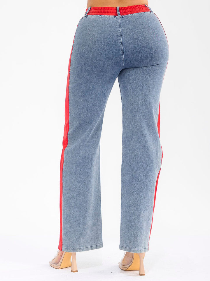 WOMEN'S ELASTIC WAIST SELF TIE DENIM CONTRAST WIDE LEG PANTS