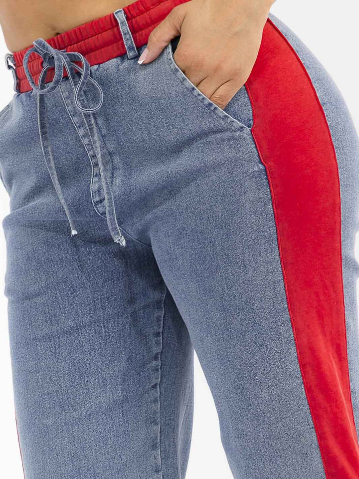 WOMEN'S ELASTIC WAIST SELF TIE DENIM CONTRAST WIDE LEG PANTS