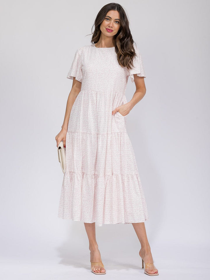 WOMEN'S SHORT SLEEVE POCKETS TIERED FLORAL MAXI DRESS