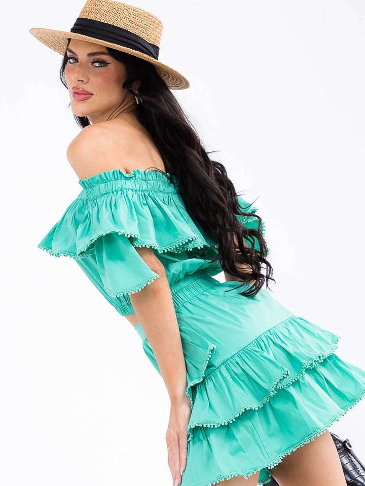 WOMEN'S OFF SHOULDER RUFFLE DETAILED CROP TOP