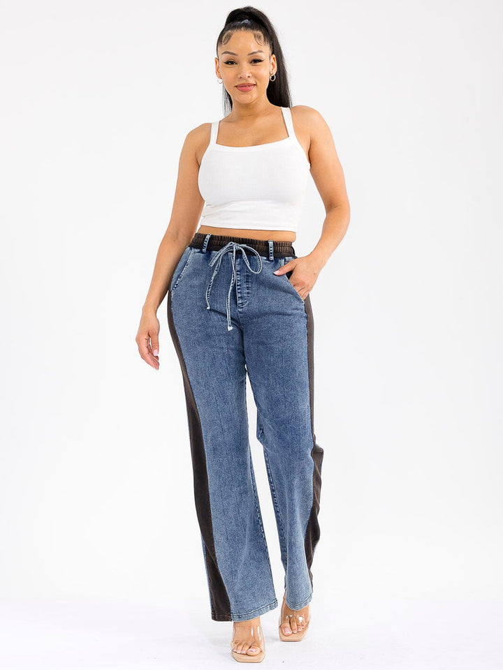 WOMEN'S ELASTIC WAIST SELF TIE DENIM CONTRAST WIDE LEG PANTS