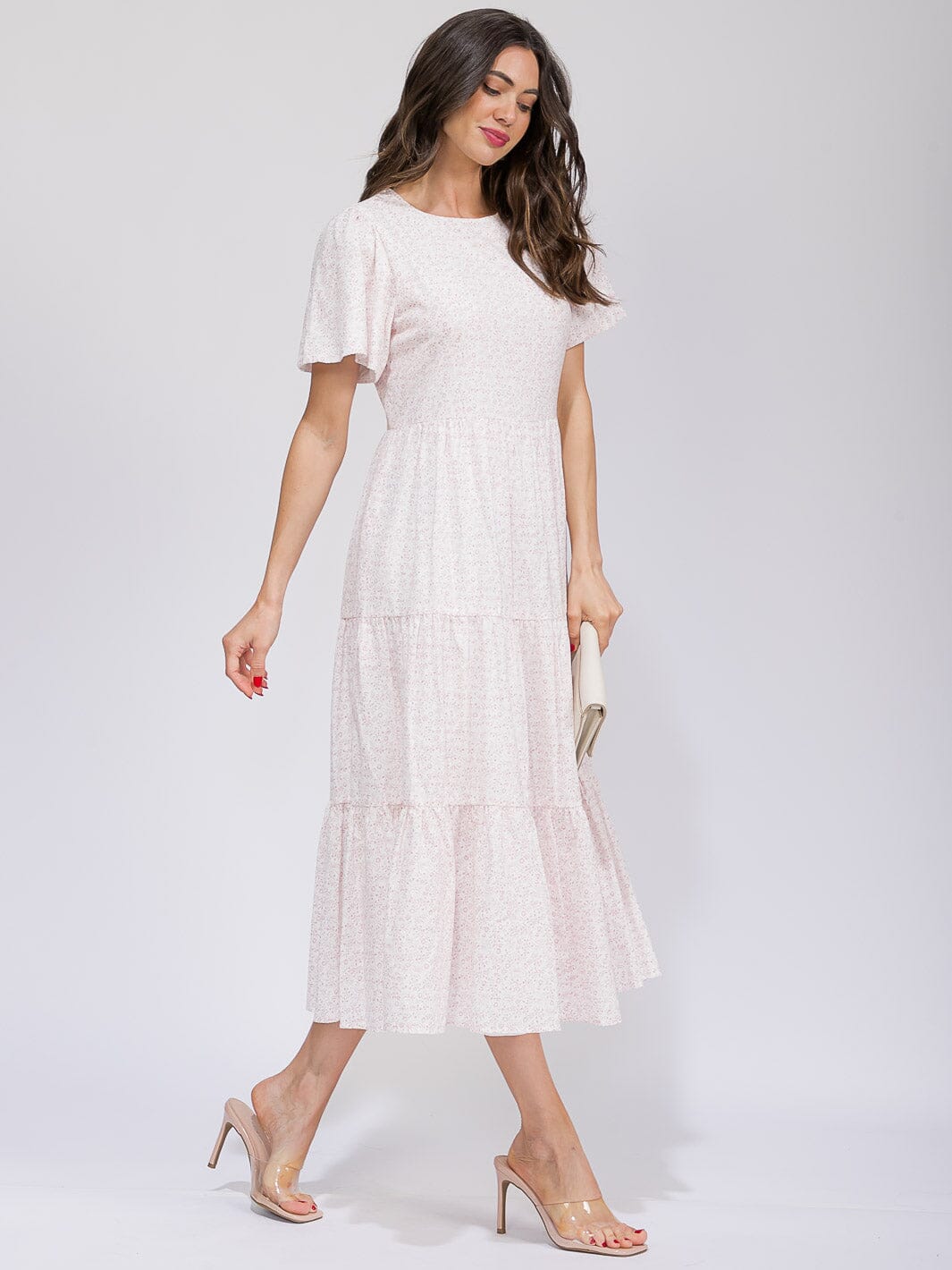 WOMEN'S SHORT SLEEVE POCKETS TIERED FLORAL MAXI DRESS