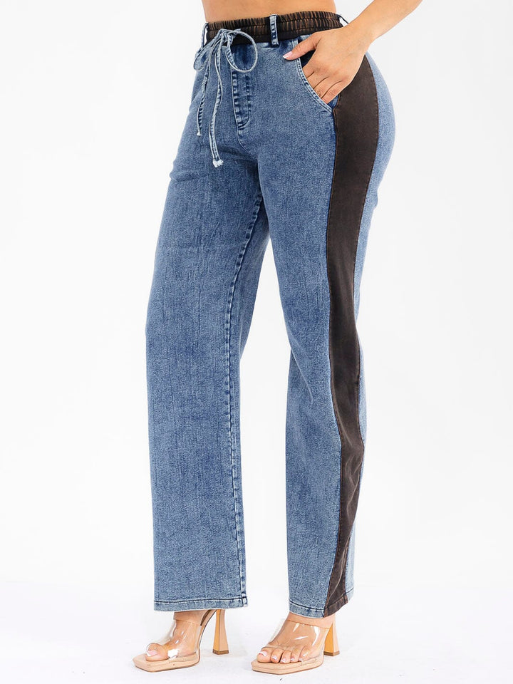 WOMEN'S ELASTIC WAIST SELF TIE DENIM CONTRAST WIDE LEG PANTS