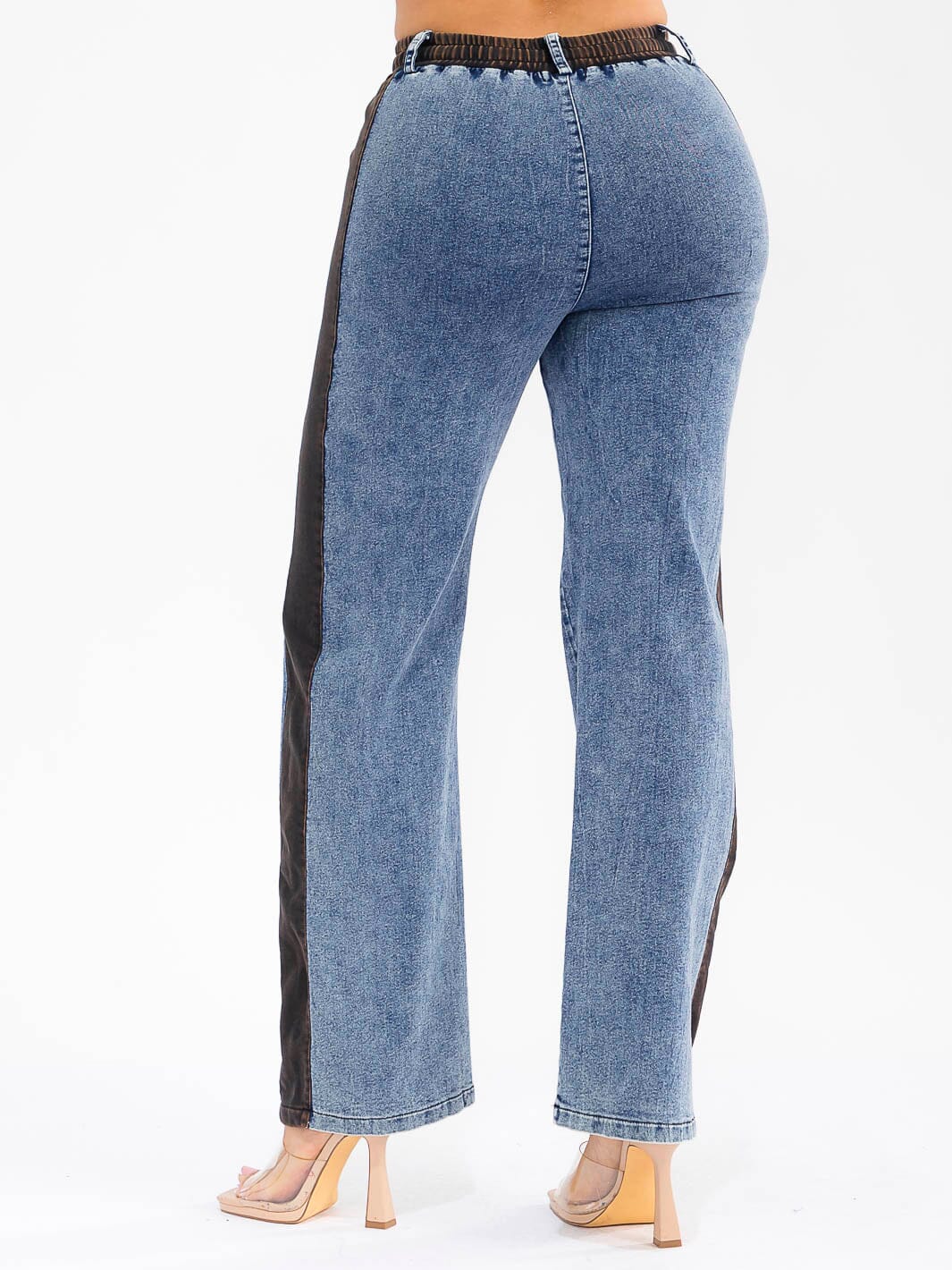 WOMEN'S ELASTIC WAIST SELF TIE DENIM CONTRAST WIDE LEG PANTS