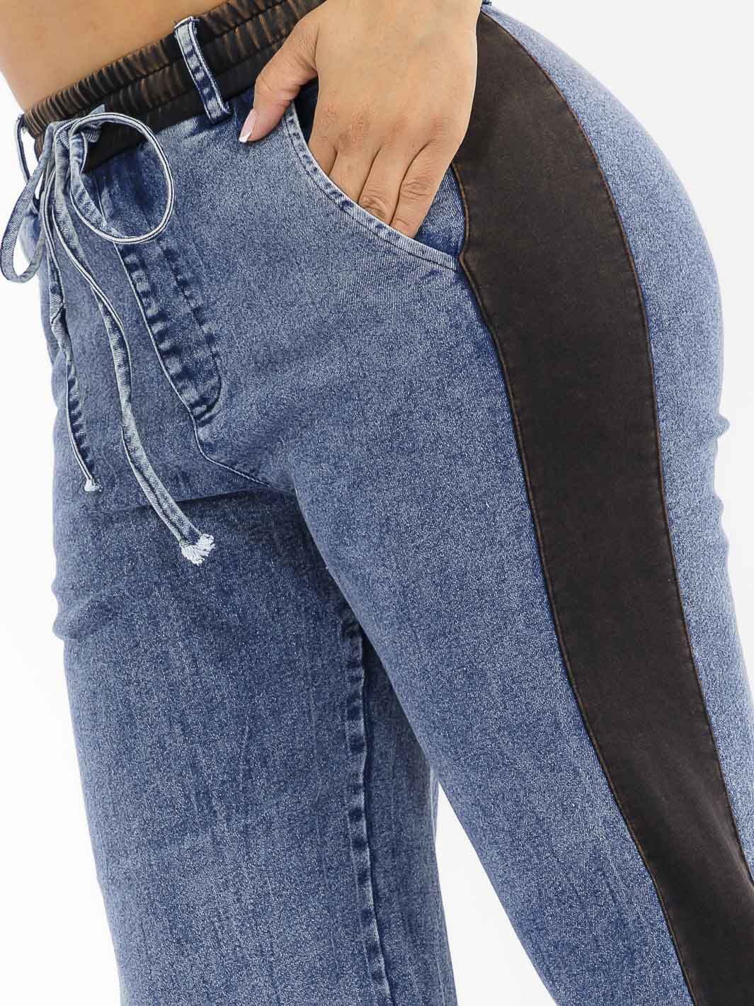 WOMEN'S ELASTIC WAIST SELF TIE DENIM CONTRAST WIDE LEG PANTS