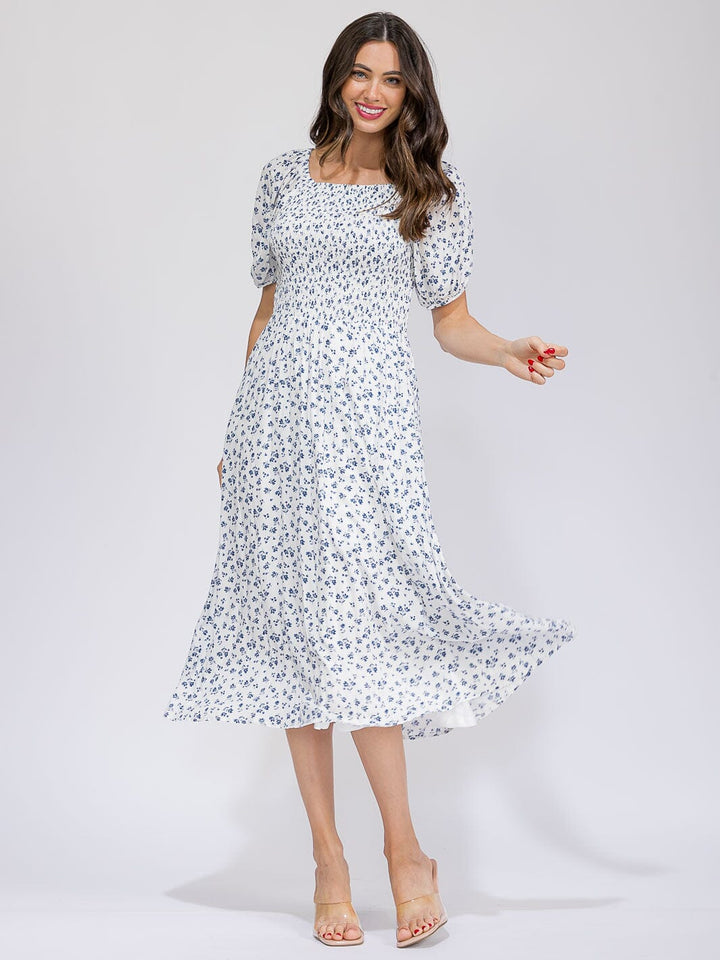 WOMEN'S SHORT SLEEVE FRONT POCKETS SMOCK FLORAL MAXI DRESS