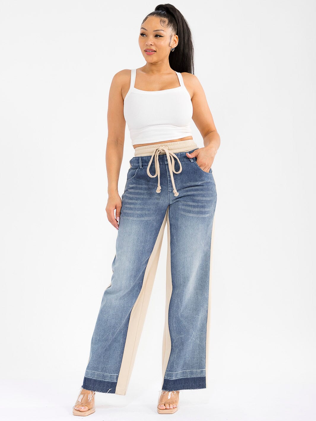 WOMEN'S ELASTIC WAIST SELF TIE POCKETS DENIM CONTRAST WIDE LEG PANTS