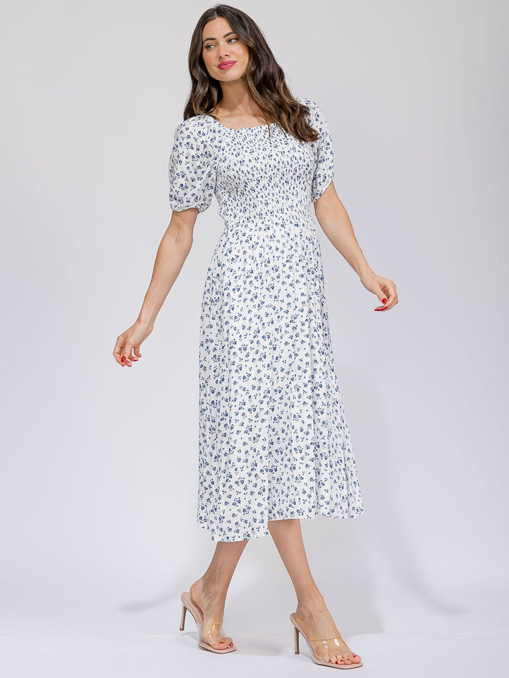 WOMEN'S SHORT SLEEVE FRONT POCKETS SMOCK FLORAL MAXI DRESS