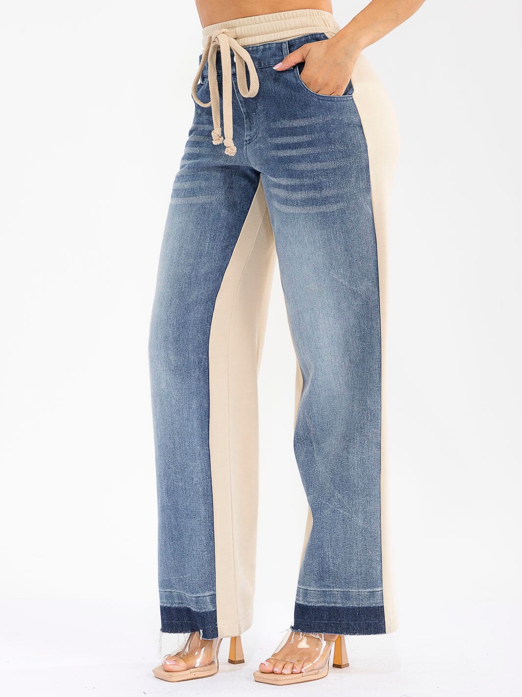 WOMEN'S ELASTIC WAIST SELF TIE POCKETS DENIM CONTRAST WIDE LEG PANTS