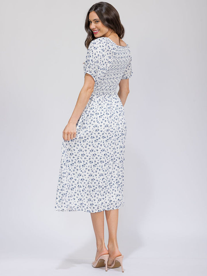 WOMEN'S SHORT SLEEVE FRONT POCKETS SMOCK FLORAL MAXI DRESS