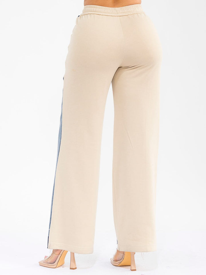 WOMEN'S ELASTIC WAIST SELF TIE POCKETS DENIM CONTRAST WIDE LEG PANTS