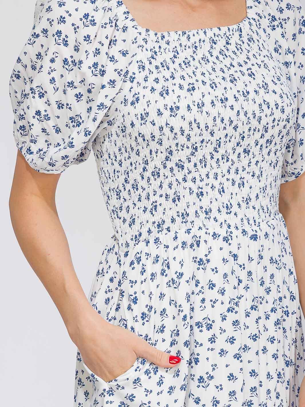WOMEN'S SHORT SLEEVE FRONT POCKETS SMOCK FLORAL MAXI DRESS