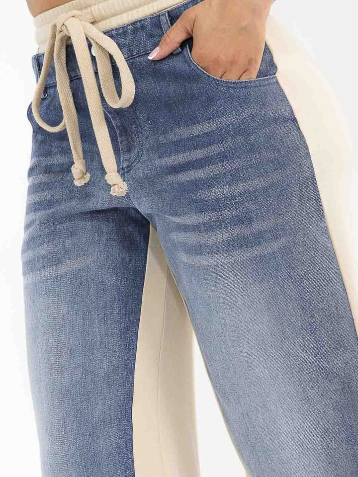 WOMEN'S ELASTIC WAIST SELF TIE POCKETS DENIM CONTRAST WIDE LEG PANTS