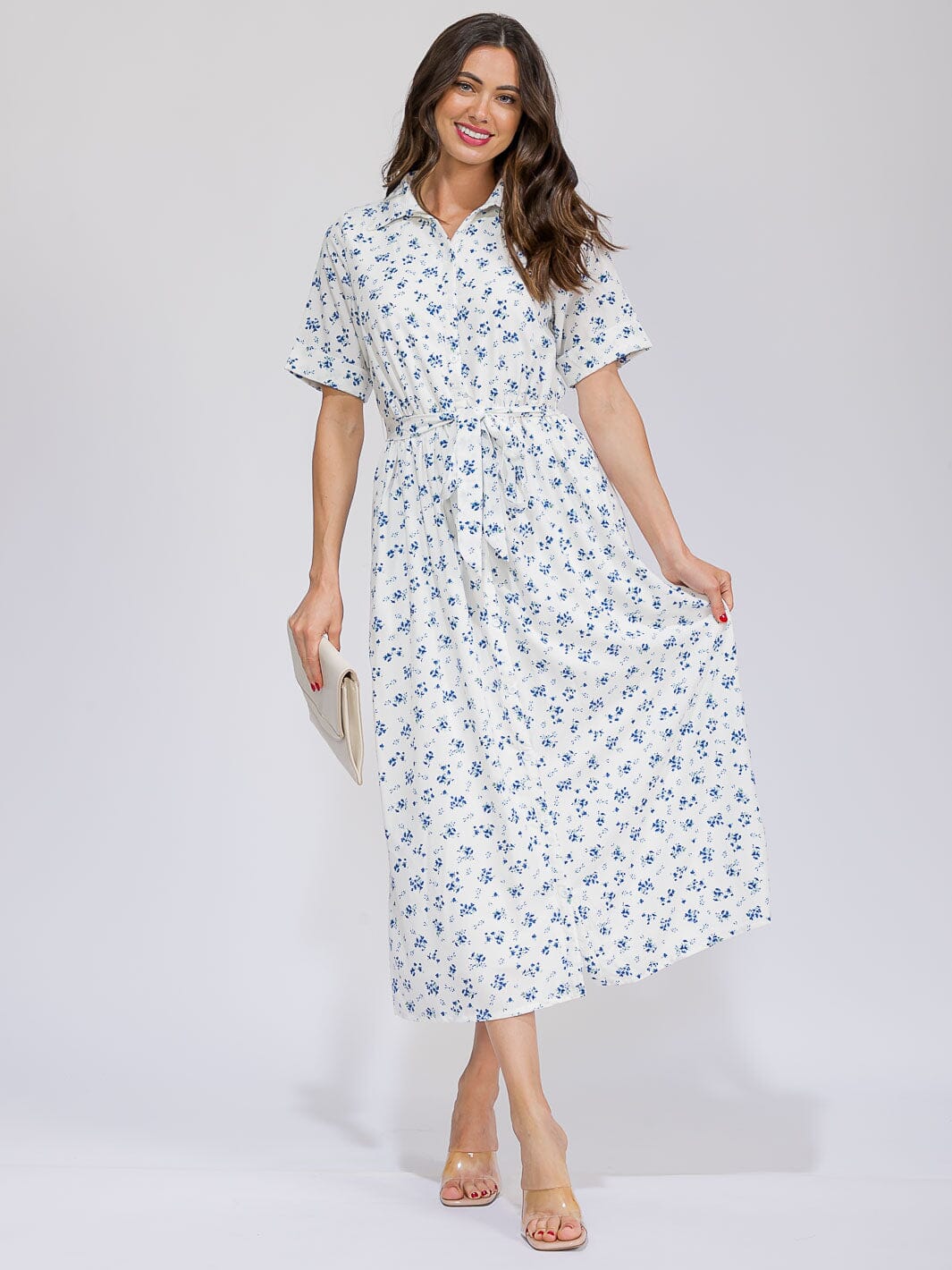 WOMEN'S SHORT SLEEVES BUTTON UP POCKETS SELF TIE FLORAL MAXI DRESS