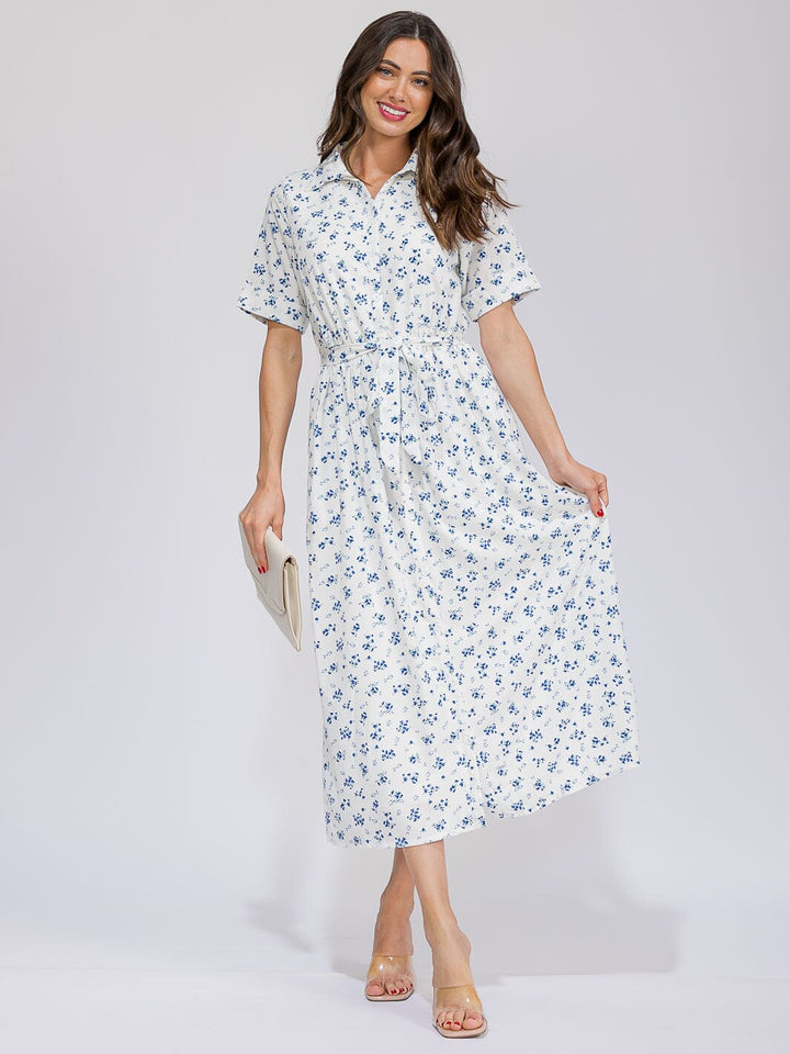 WOMEN'S SHORT SLEEVES BUTTON UP POCKETS SELF TIE FLORAL MAXI DRESS