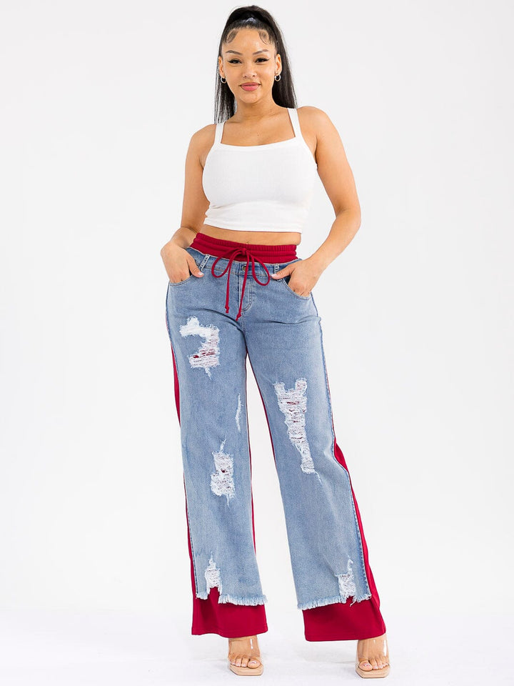 WOMEN'S ELASTIC WAIST SELF TIE POCKETS DENIM CONTRAST WIDE LEG DISTRESS PANTS