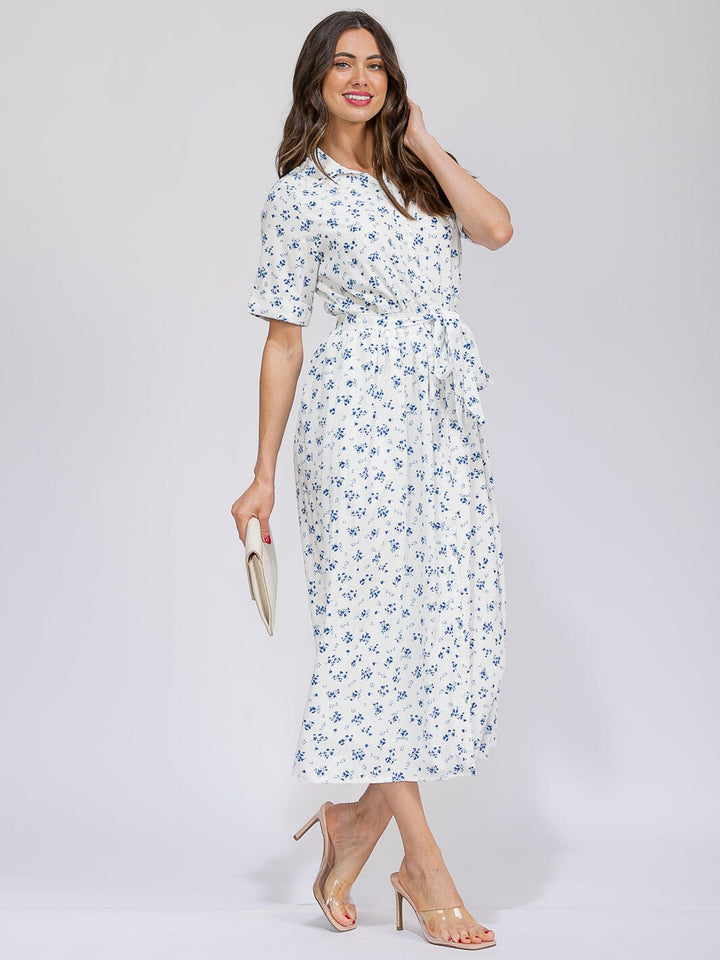 WOMEN'S SHORT SLEEVES BUTTON UP POCKETS SELF TIE FLORAL MAXI DRESS