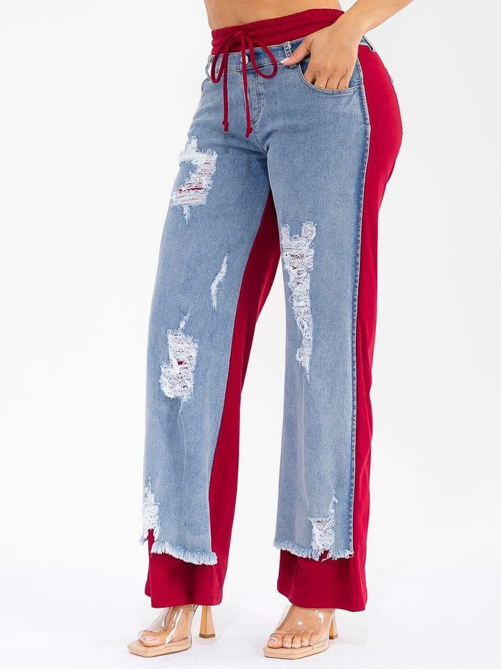 WOMEN'S ELASTIC WAIST SELF TIE POCKETS DENIM CONTRAST WIDE LEG DISTRESS PANTS