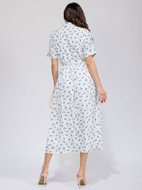 WOMEN'S SHORT SLEEVES BUTTON UP POCKETS SELF TIE FLORAL MAXI DRESS