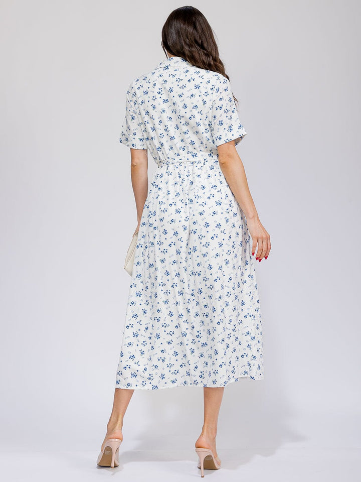 WOMEN'S SHORT SLEEVES BUTTON UP POCKETS SELF TIE FLORAL MAXI DRESS