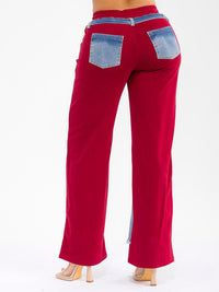 WOMEN'S ELASTIC WAIST SELF TIE POCKETS DENIM CONTRAST WIDE LEG DISTRESS PANTS