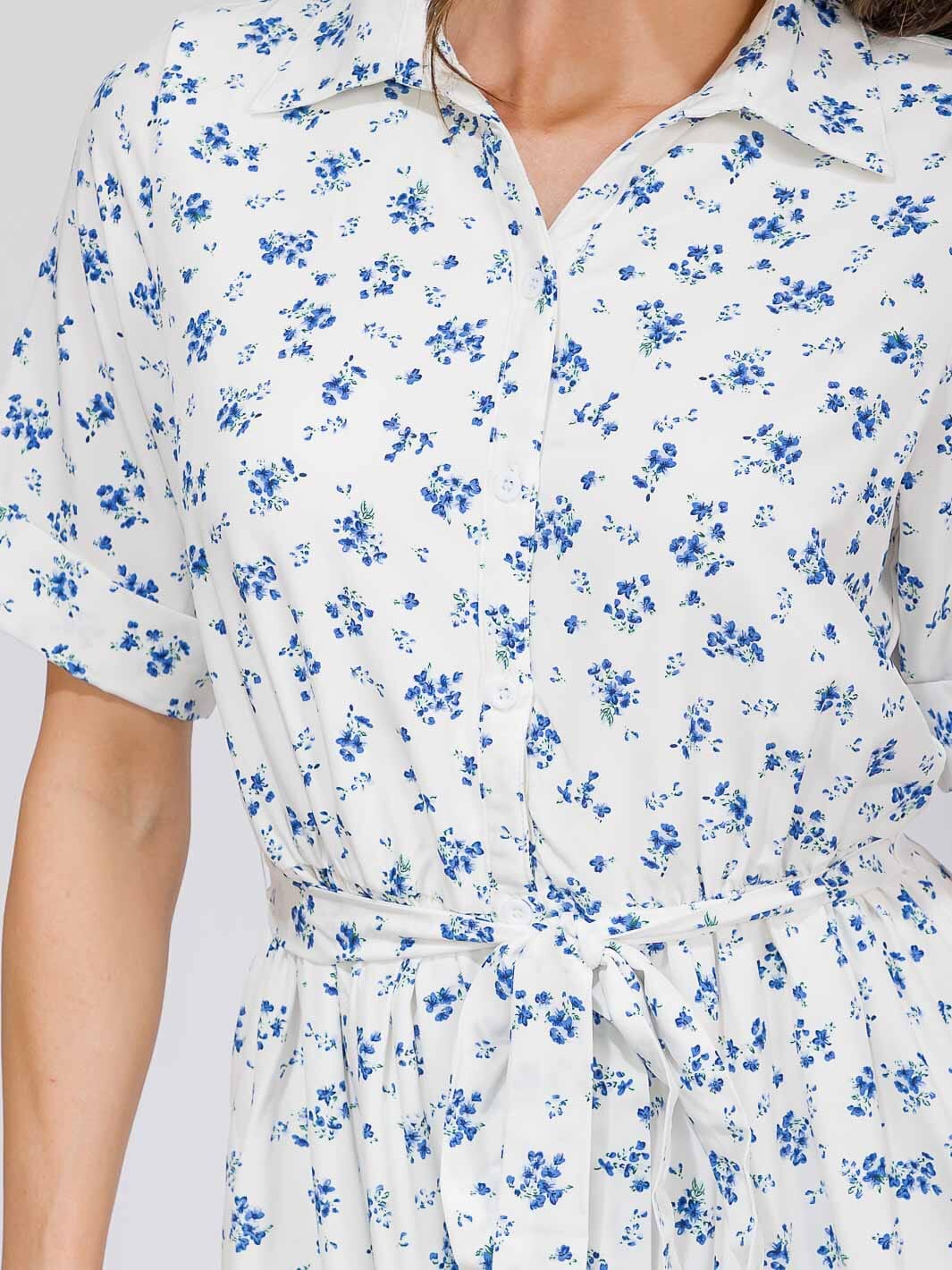 WOMEN'S SHORT SLEEVES BUTTON UP POCKETS SELF TIE FLORAL MAXI DRESS