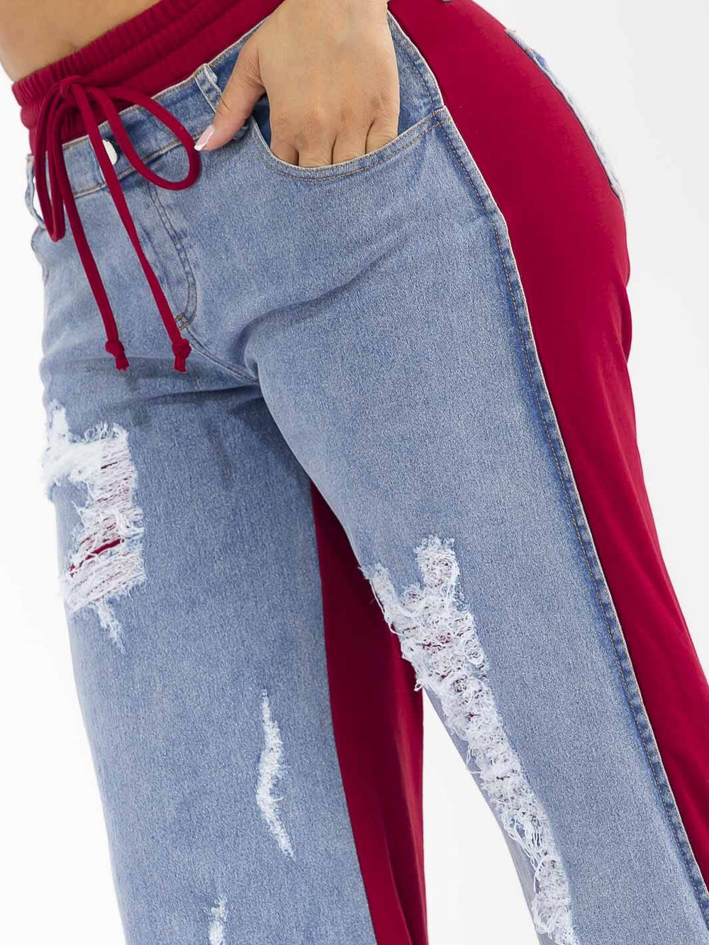 WOMEN'S ELASTIC WAIST SELF TIE POCKETS DENIM CONTRAST WIDE LEG DISTRESS PANTS