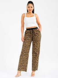 WOMEN'S ELASTIC WAIST SELF TIE DENIM ANIMAL PRINT WIDE LEG PANTS
