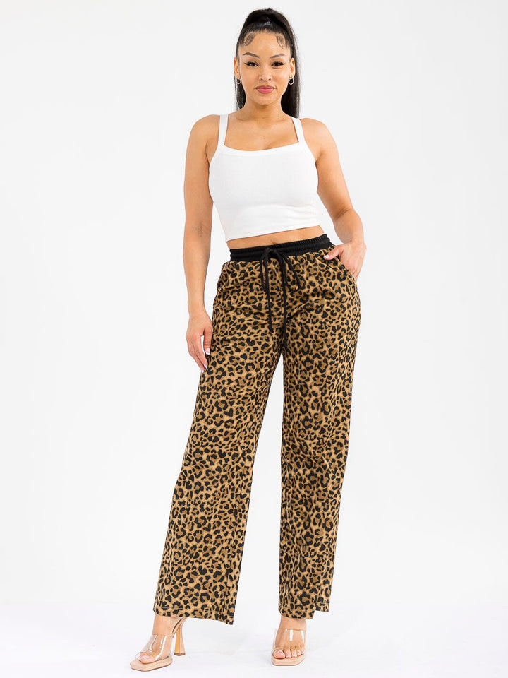 WOMEN'S ELASTIC WAIST SELF TIE DENIM ANIMAL PRINT WIDE LEG PANTS