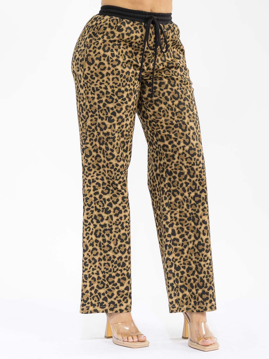 WOMEN'S ELASTIC WAIST SELF TIE DENIM ANIMAL PRINT WIDE LEG PANTS