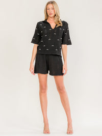 WOMEN'S SHORT SLEEVE BLOUSE & ELASTIC WAIST SHORTS PEARL KNIT 2PC. SET