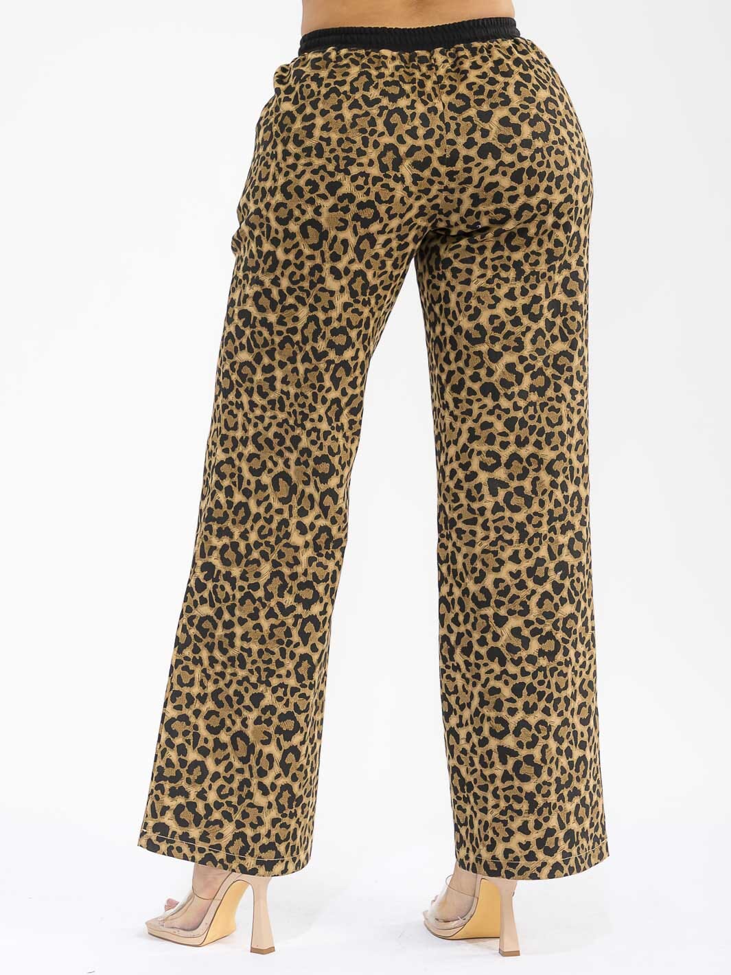 WOMEN'S ELASTIC WAIST SELF TIE DENIM ANIMAL PRINT WIDE LEG PANTS