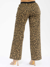 WOMEN'S ELASTIC WAIST SELF TIE DENIM ANIMAL PRINT WIDE LEG PANTS