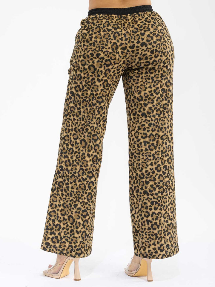 WOMEN'S ELASTIC WAIST SELF TIE DENIM ANIMAL PRINT WIDE LEG PANTS