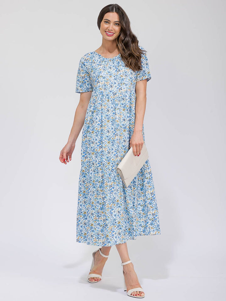 WOMEN'S SHORT SLEEVE V-NECK POCKETS TIERED FLORAL MAXI DRESS