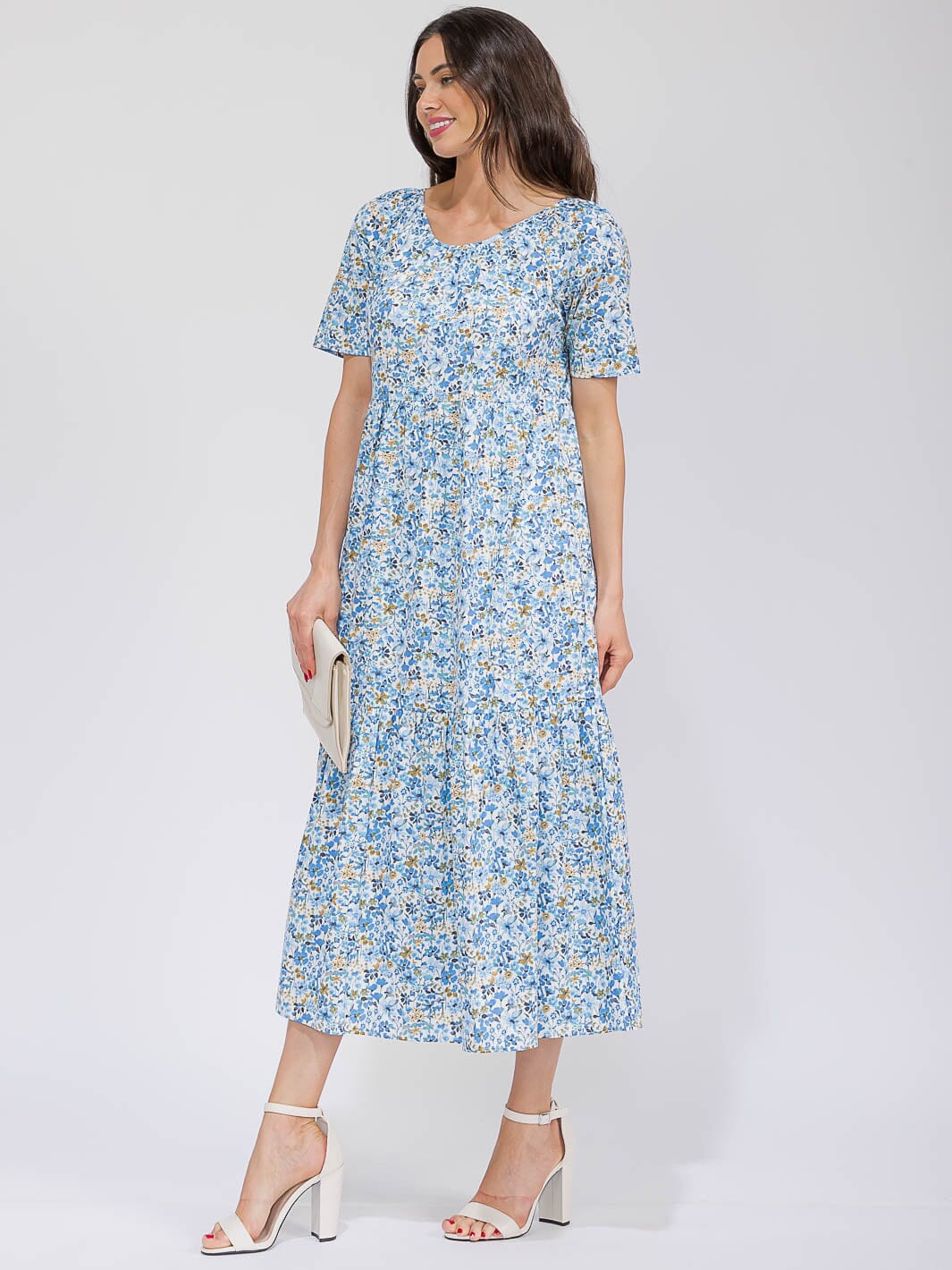 WOMEN'S SHORT SLEEVE V-NECK POCKETS TIERED FLORAL MAXI DRESS