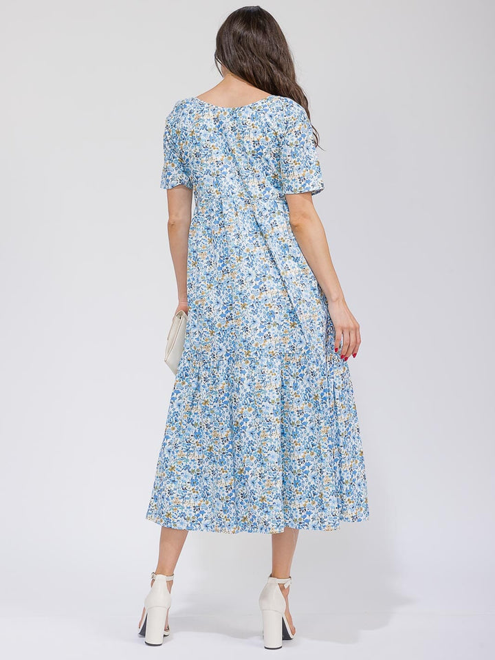 WOMEN'S SHORT SLEEVE V-NECK POCKETS TIERED FLORAL MAXI DRESS