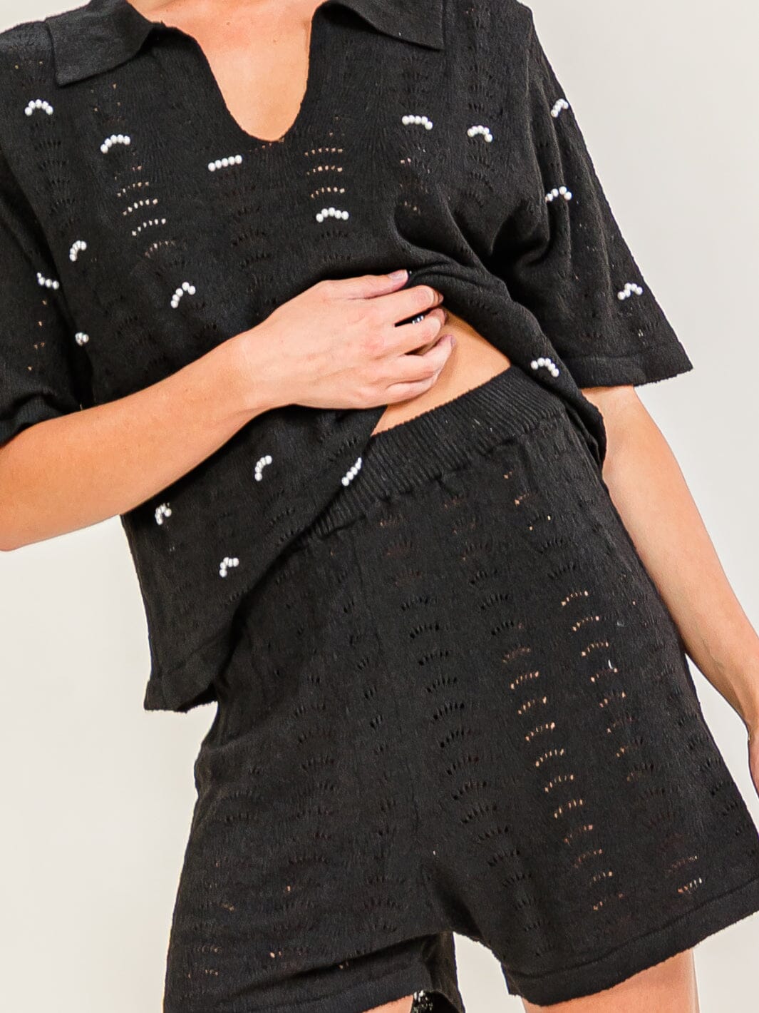 WOMEN'S SHORT SLEEVE BLOUSE & ELASTIC WAIST SHORTS PEARL KNIT 2PC. SET