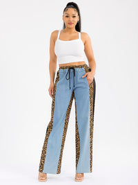 WOMEN'S ELASTIC WAIST SELF TIE DENIM ANIMAL PRINT CONTRAST WIDE LEG PANTS